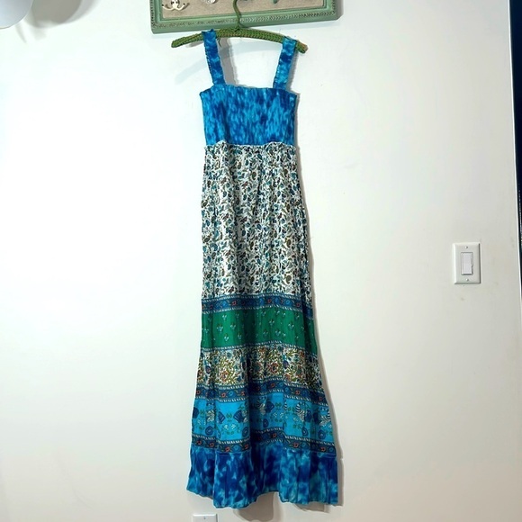 NWT Chaudry KC Maxi Dress SMALL Blue Green Gypsy Bohemian Smocked Tiered Cotton - Picture 3 of 10